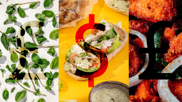 Food styling flat lay with fresh mint, stuffed eggplant halves on yellow background, and fried meatballs with herbs.