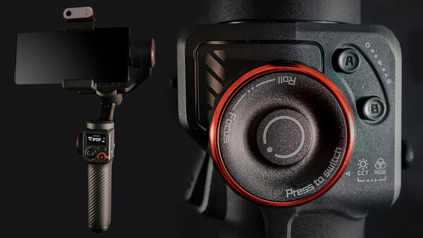 Professional video camera gimbal stabilizer with smartphone mount and compact cinema camera with red accent ring.