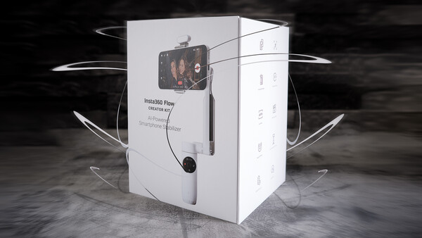 White product packaging box for a smartphone stabilizer with device display and cable coiled around it.