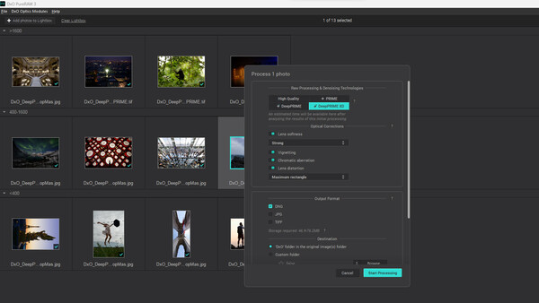 Screenshot of a photo editing software interface showing a batch processing dialog box with various filter and effect options.