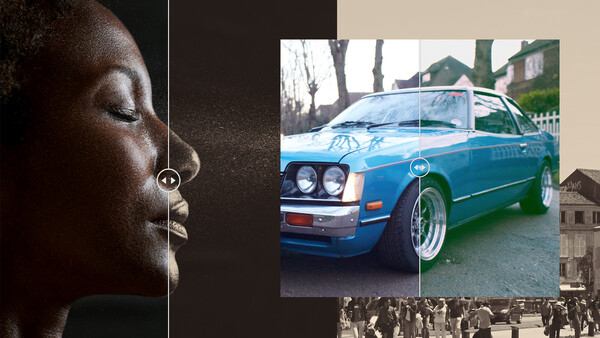 Composite image showing portrait lighting, classic car photography, and street scene with vertical alignment guides.