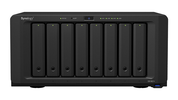 Synology DiskStation NAS with eight drive bays arranged in a horizontal row across the front panel.