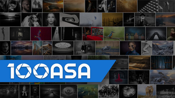 Logo for 100ASA, a photography and visual arts community, displayed over a grid of diverse film stills and photographs.
