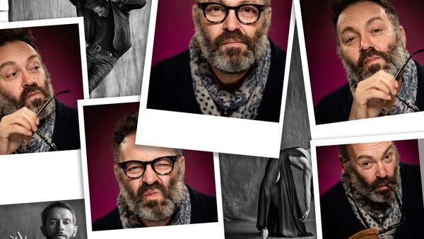 Composite of portrait photographs showing a bearded man in various poses against purple and gray backgrounds.