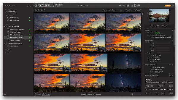 Screenshot of Lightroom's grid view showing multiple sunset photographs with vibrant orange and pink skies.