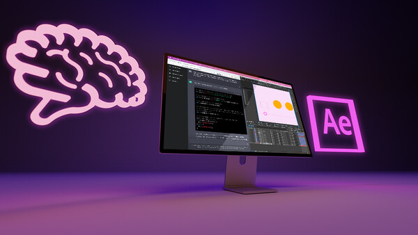 Illustration of a neon brain icon, computer monitor displaying code and design elements, and Adobe After Effects logo against purple lighting.