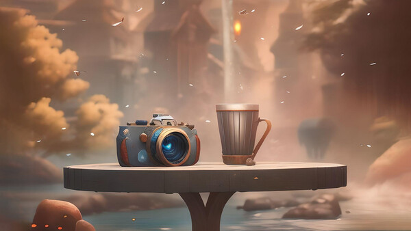 Illustration of a vintage camera and coffee mug displayed on a floating platform against a dreamlike sky with clouds and floating particles.