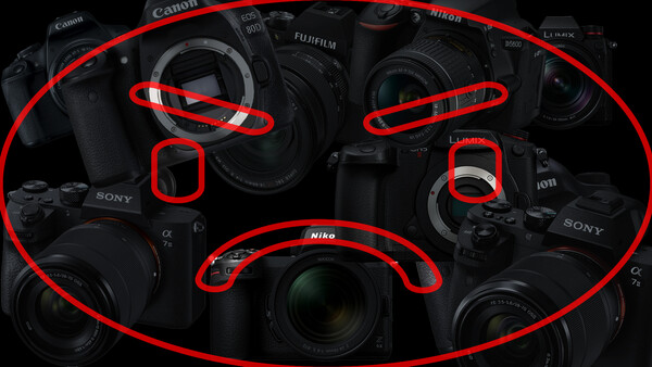 Illustration of professional camera bodies with red outlines highlighting key features and components.