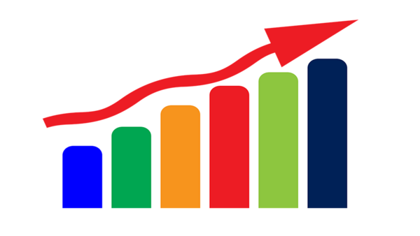 Illustration of a bar chart with six ascending columns in blue, green, orange, red, lime, and navy, topped with an upward-trending red arrow.