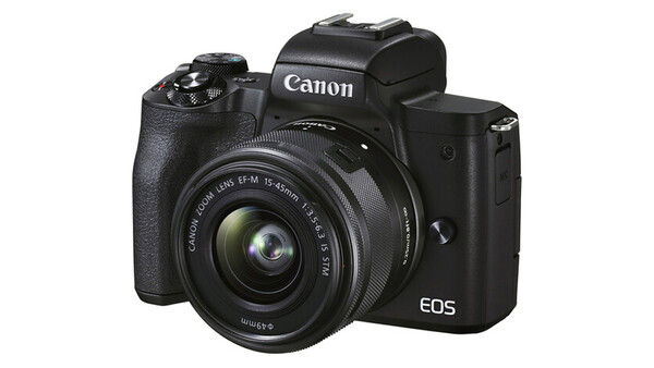 Canon EOS M50 Mark II mirrorless camera with 15-45mm kit lens mounted, shown against white background.