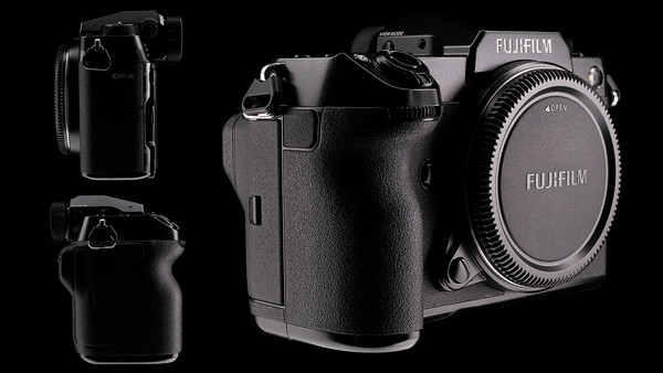 Fujifilm mirrorless camera body shown from multiple angles against black background.