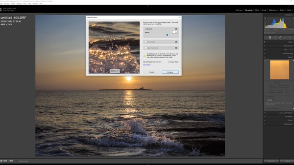 Screenshot of photo editing software with a sunset seascape image and processing dialog box open.