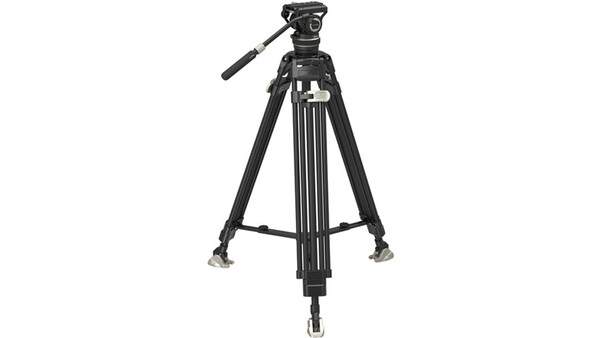 Professional video tripod with fluid head and pan handle against white background.