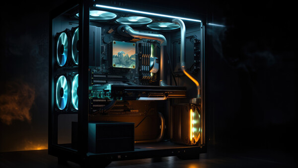 High-end gaming PC tower with cyan and orange LED lighting against a dark background.