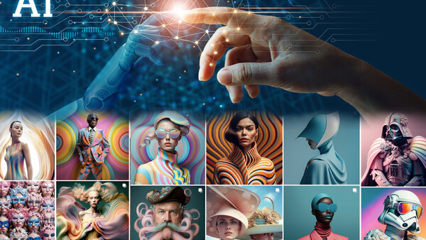 Hand touching AI interface with grid of AI-generated portraits below.
