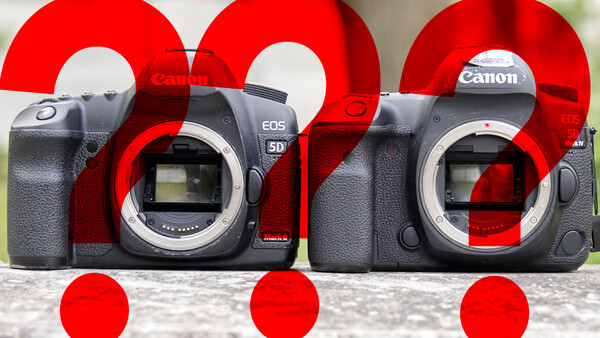 Two Canon EOS 5D Mark IV DSLR cameras displayed body-only against a red geometric background.