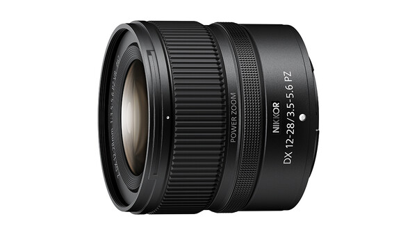 Nikon Z DX 12-28mm f/3.5-5.6 PZ VR lens with extended zoom barrel against white background.