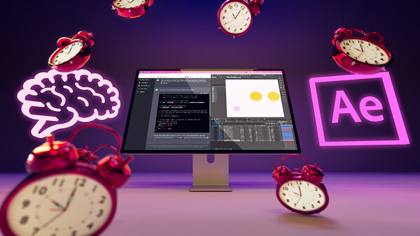 Screenshot of After Effects editing interface surrounded by illustrated clocks, brain icon, and Ae logo on purple background.