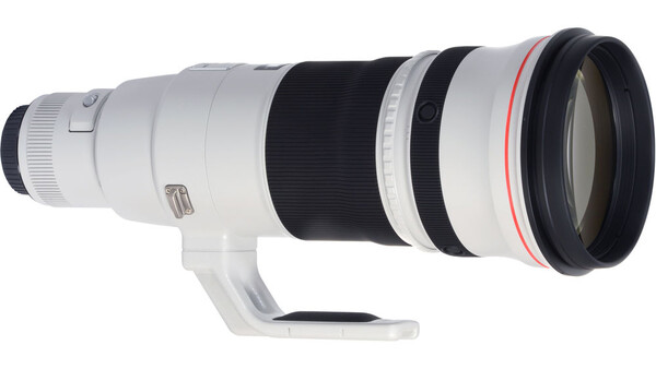 White telephoto lens with black focus ring and red AF/MF switch mounted on white support collar.