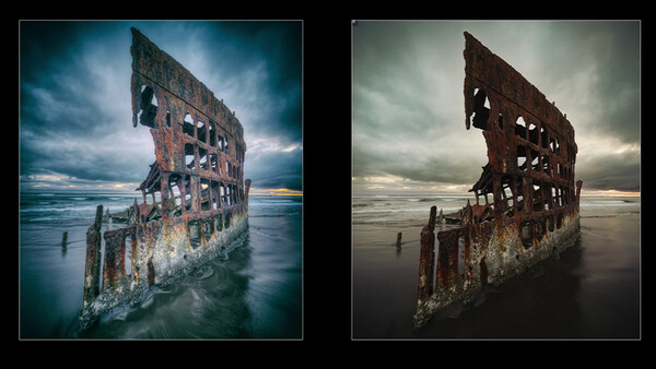 Abandoned multi-story brick building partially submerged in water with dramatic cloudy sky.