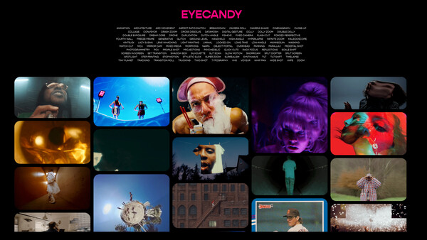 Screenshot of EYECANDY website showing grid of colorful film and video stills with vibrant lighting and visual effects.