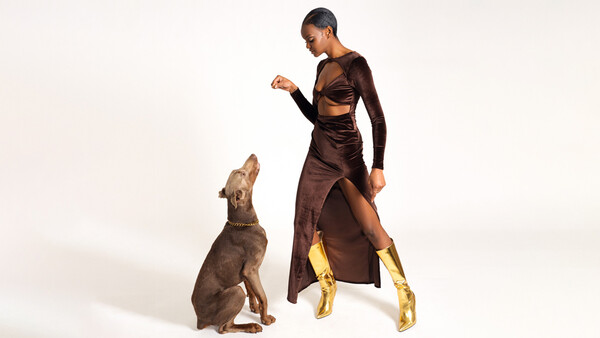 Woman in brown velvet crop top and high-slit skirt with gold boots posing next to a sitting dog against white background.