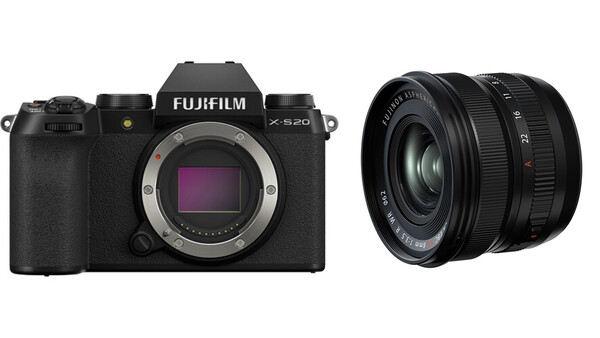 Fujifilm X-S20 mirrorless camera body next to a wide-angle prime lens.