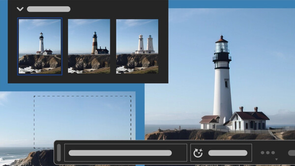 Screenshot of photo editing interface showing lighthouse image selection and editing tools.