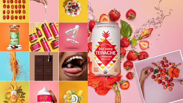 Flat lay collage of vibrant product photography and styling elements featuring berries, cosmetics, and colorful backgrounds.