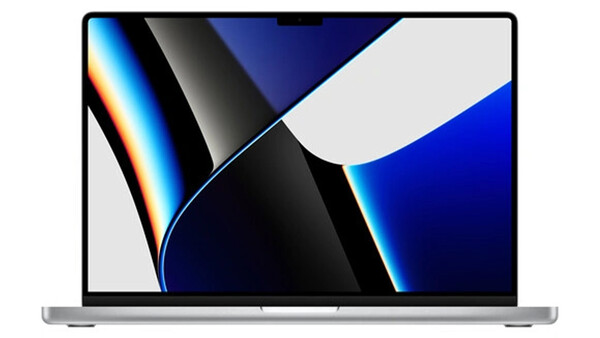 Illustration of a silver laptop displaying an abstract graphic with blue, black, and white geometric shapes with glowing blue edges.
