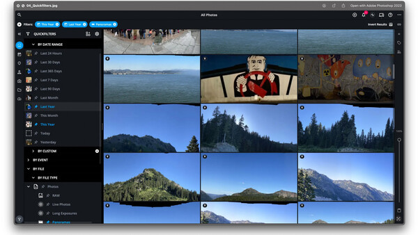 Screenshot of a photo management application displaying a grid of landscape and nature photographs organized in folders.