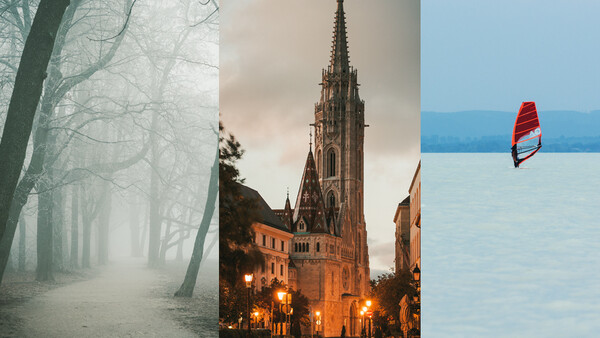 Triptych of misty forest path, illuminated Gothic cathedral at dusk, and windsurfer on calm blue water.