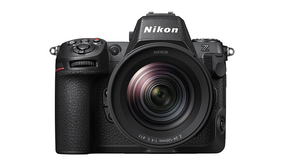 Nikon Z mirrorless camera with Z-mount lens attached, front-facing view against white background.