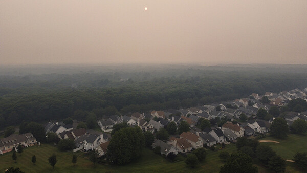 Suburban neighborhood nestled against dense forest under hazy, overcast sky.