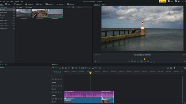 Screenshot of video editing software with seascape photograph and timeline showing color correction adjustments.