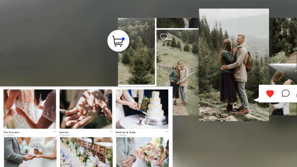 Wedding photography portfolio grid displaying detail shots and couple portraits in natural outdoor settings.