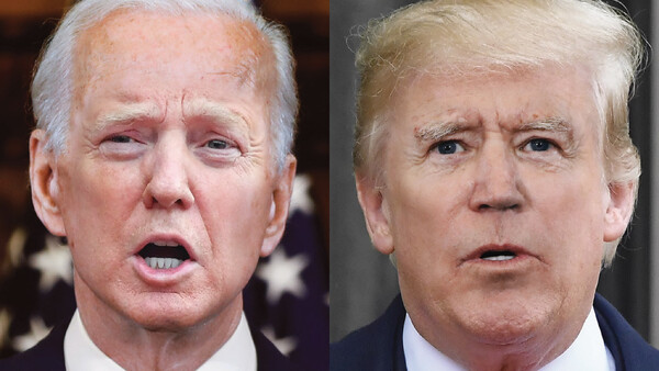 Side-by-side portrait comparison of two men in formal attire with red ties against neutral backgrounds.