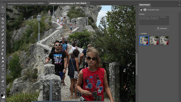 Group of tourists walking on stone steps built into a rocky hillside with vegetation.