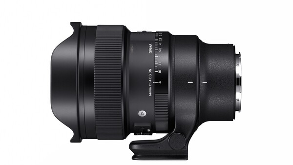 Black telephoto lens with focus ring and depth-of-field scale markings, shown in profile against white background.