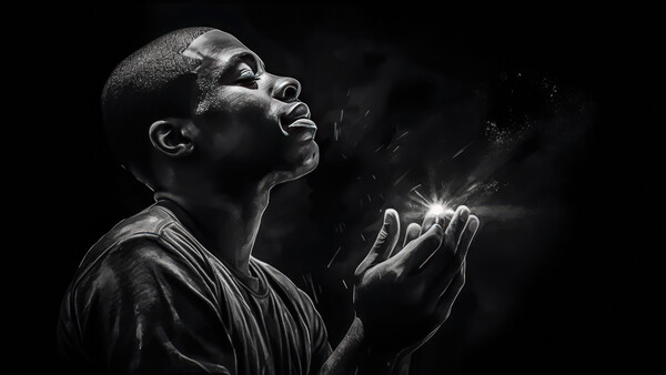 Man with head tilted back and hands raised in prayer or supplication against dark background.