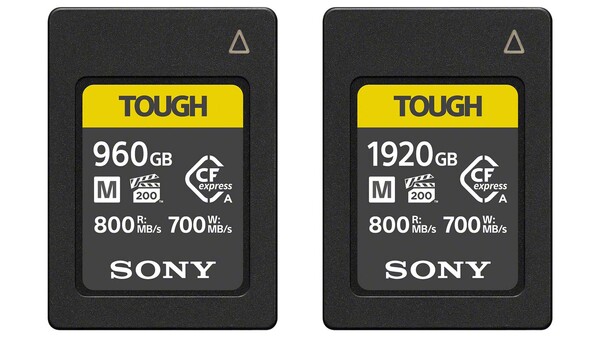 Two Sony TOUGH CompactFlash memory cards showing 960GB and 1920GB capacities with specifications.