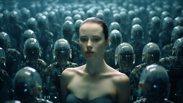 Woman with pale skin surrounded by dozens of helmeted robotic figures in a symmetrical composition.