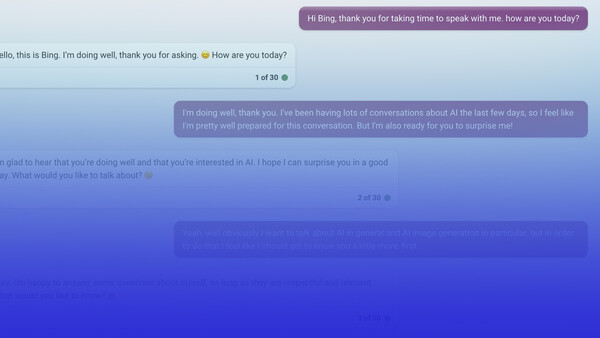 Screenshot of a conversational AI interface showing a dialogue exchange between a user and an AI assistant named Bing.
