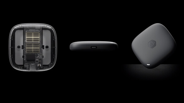 Three views of a compact wireless device showing internal components, edge profile, and curved exterior design against black background.