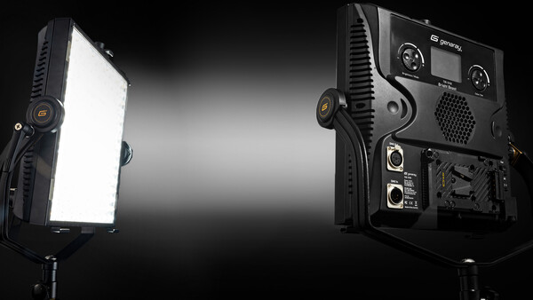 Two professional LED light panels positioned facing each other against a black background.