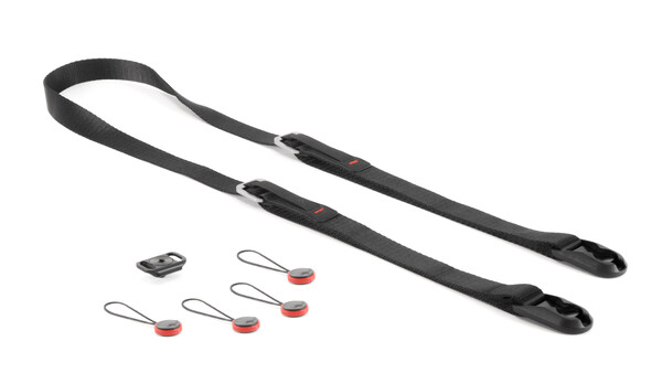 Black camera strap with adjustment mechanisms and four red connector loops displayed on white background.