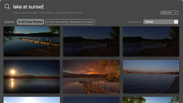 Screenshot of a photo search interface displaying search results for "lake at sunset" with multiple landscape photographs arranged in a grid.