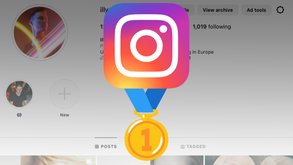 Screenshot of Instagram profile interface with logo and gold medal icon graphic overlay.