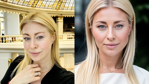 Side-by-side portrait comparison showing two blonde women with different lighting and background settings.
