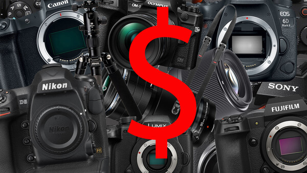 Graphic illustration comparing camera systems from Nikon, Canon, Olympus, Sony, and Fujifilm with a large red dollar sign overlay.